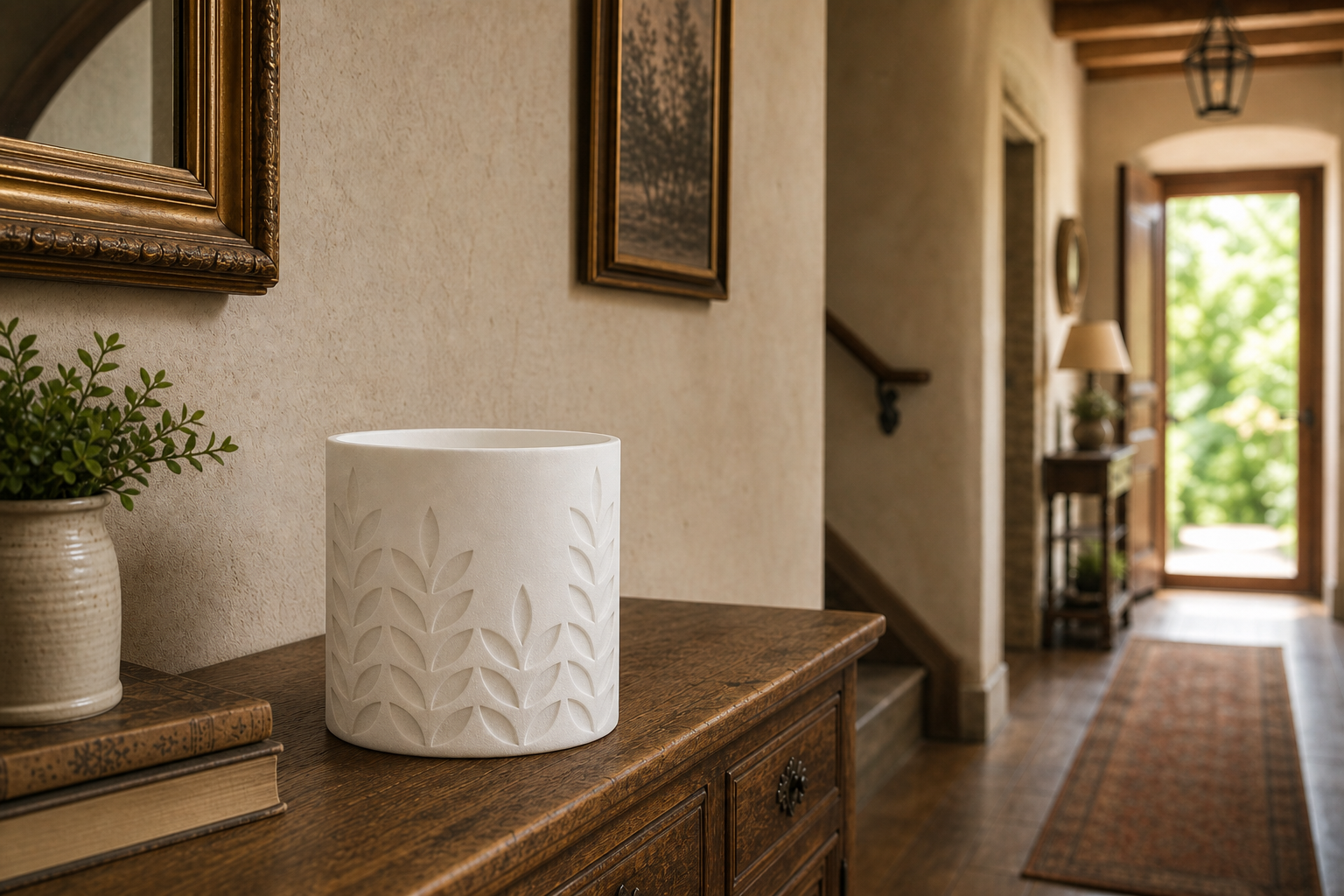 AI lifestylefoto van een mat ivoorwit 3D-geprinte plantenpot met tarwe- en bladreliëf op een houten dressoir in een hal