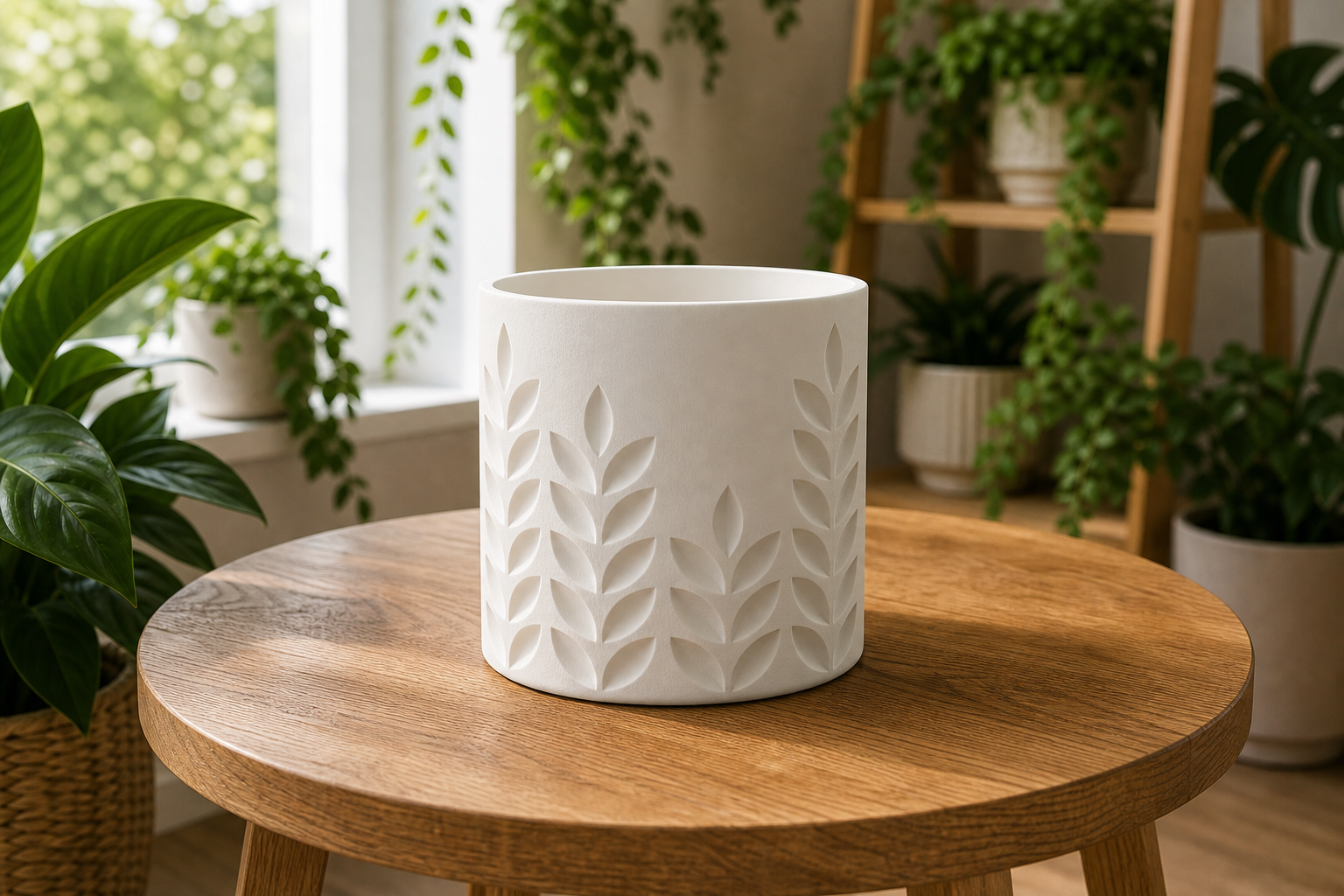 AI lifestylefoto van een mat ivoorwit 3D-geprinte plantenpot met tarwe- en bladreliëf in een groene plantenhoek