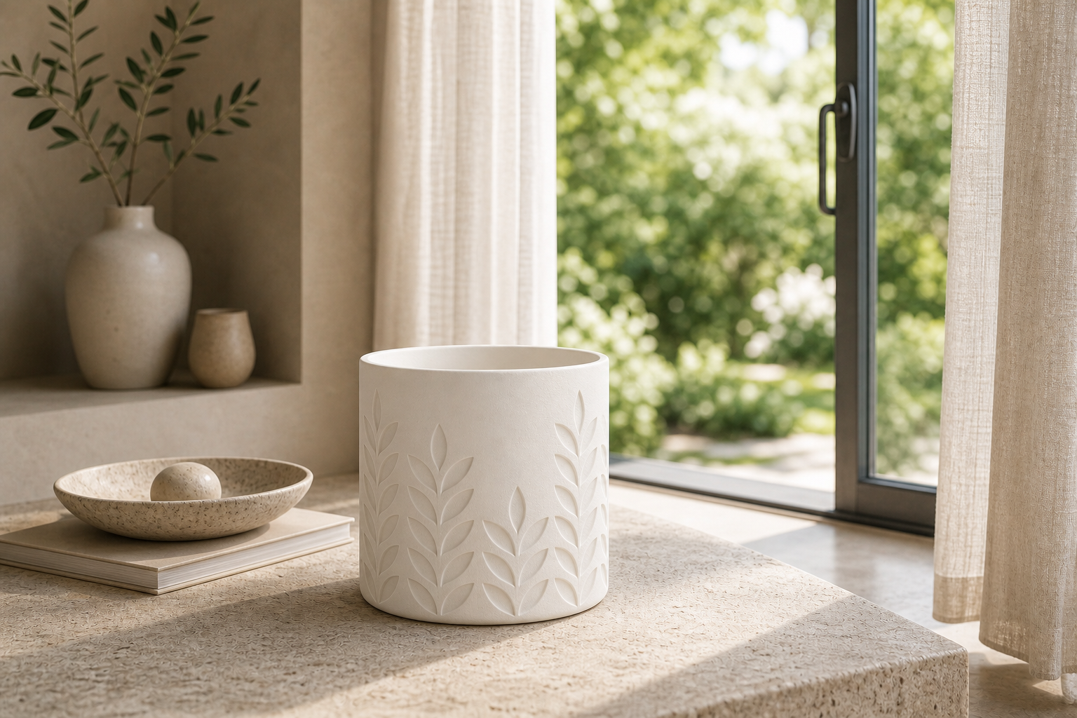 AI lifestylefoto van een mat ivoorwit 3D-geprinte plantenpot met tarwe- en bladreliëf bij een raam met zicht op de tuin