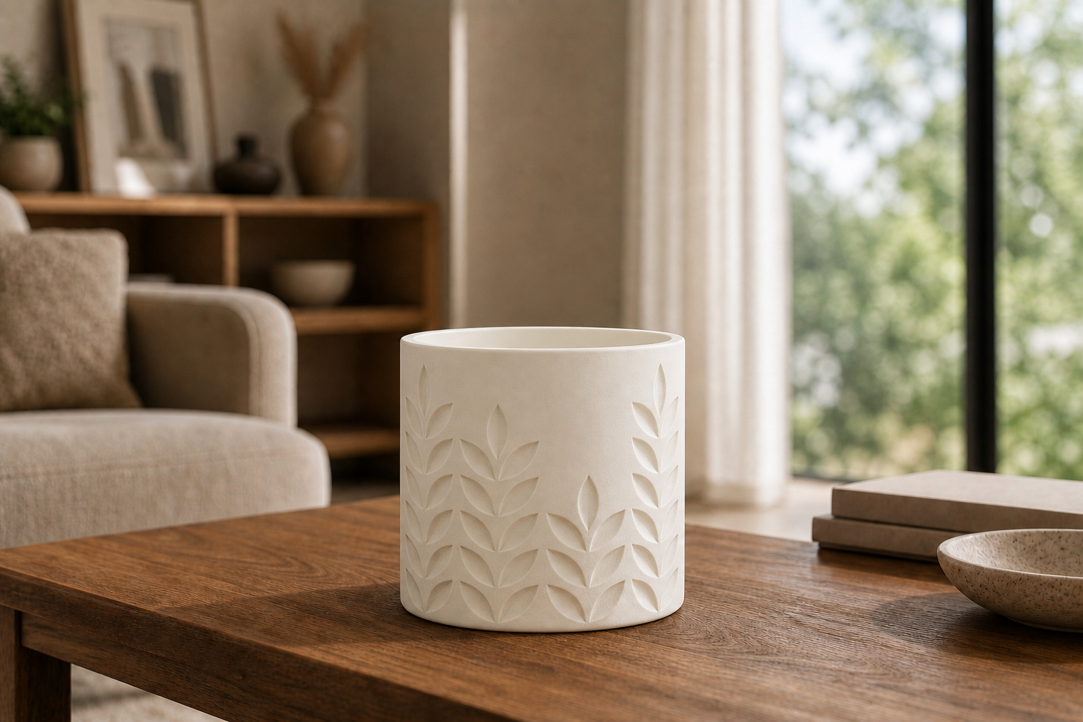 AI lifestylefoto van een mat ivoorwit 3D-geprinte plantenpot met tarwe- en bladreliëf op een salontafel in een moderne woonkamer