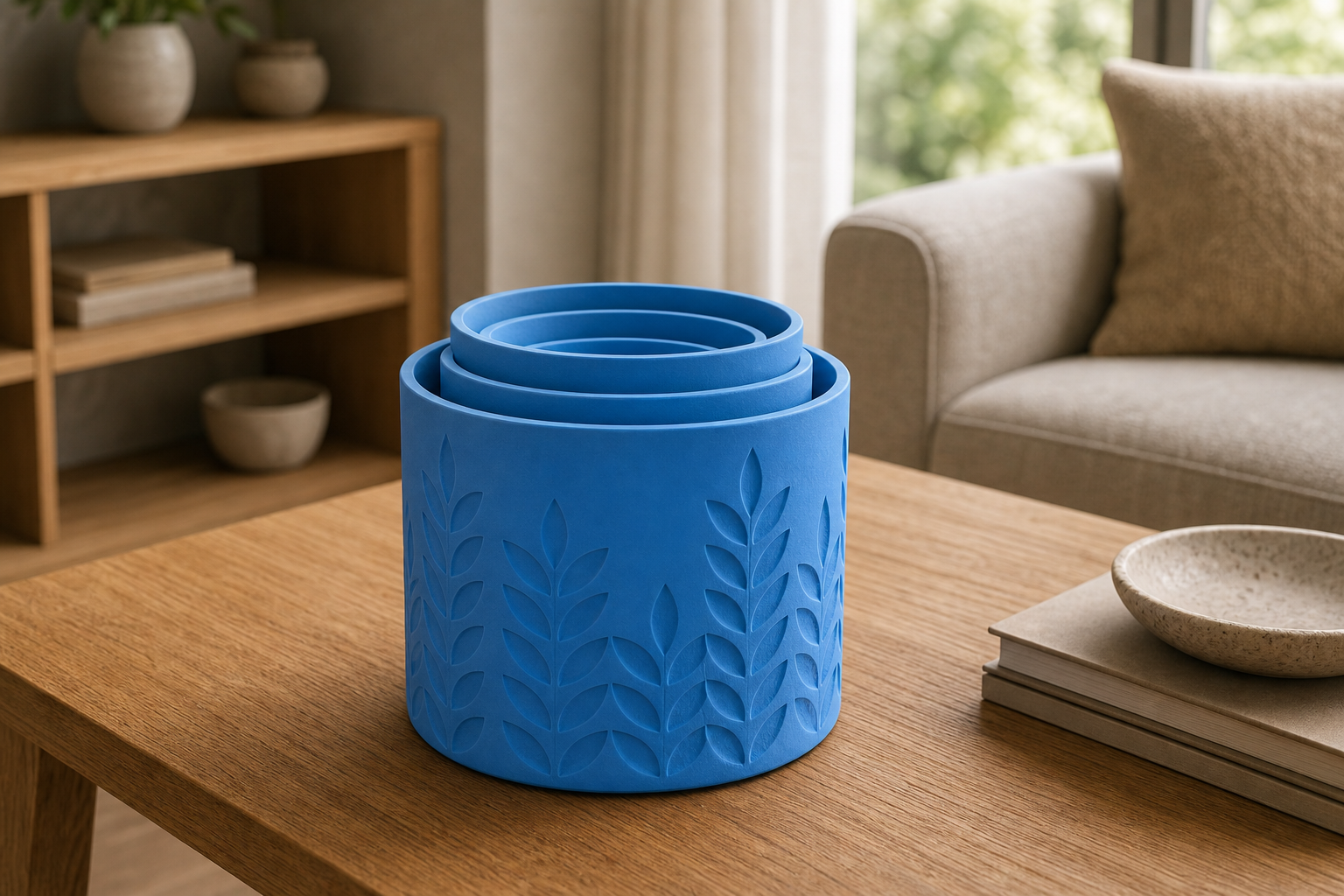 AI productfoto van een nestbare kit van vijf matblauwe 3D-geprinte plantenpotten met tarwe- en bladrelief