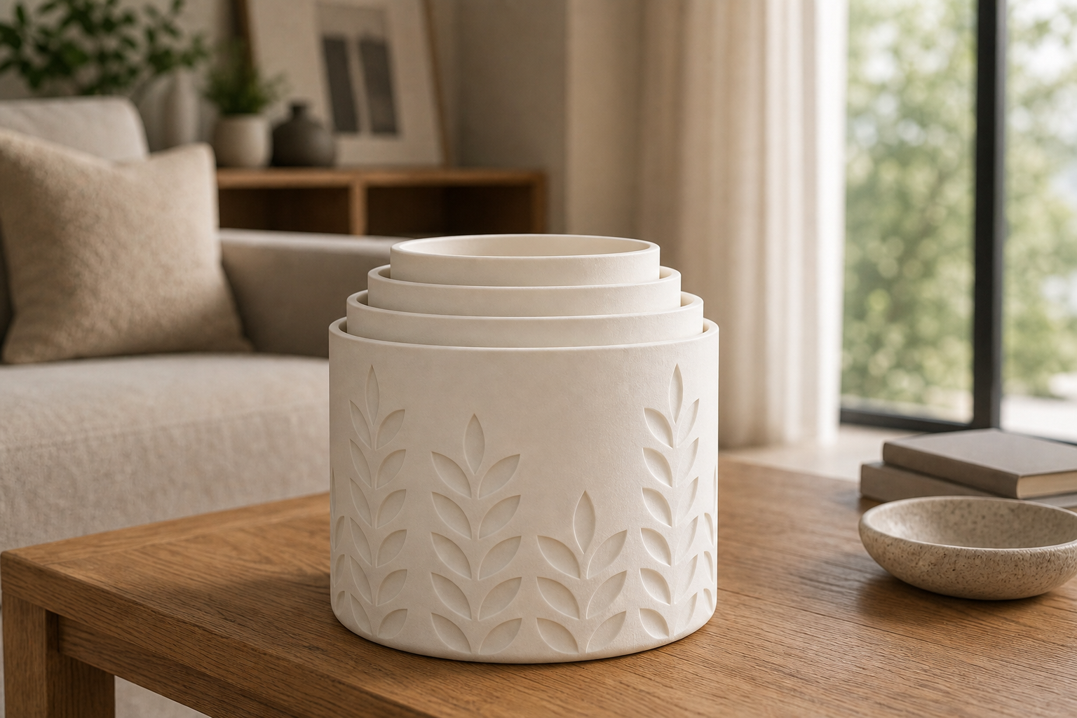 AI productfoto van een nestbare kit van vijf mat ivoorwitte 3D-geprinte plantenpotten met tarwe- en bladrelief
