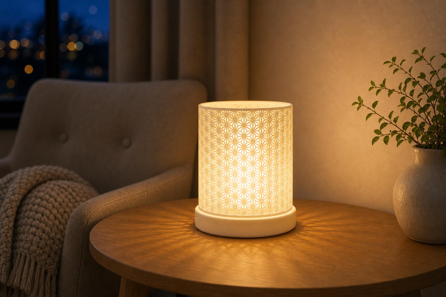 AI productfoto van de SpotOn3D Kumiko LED Medium met ronde base en compacte 120,97 mm kap