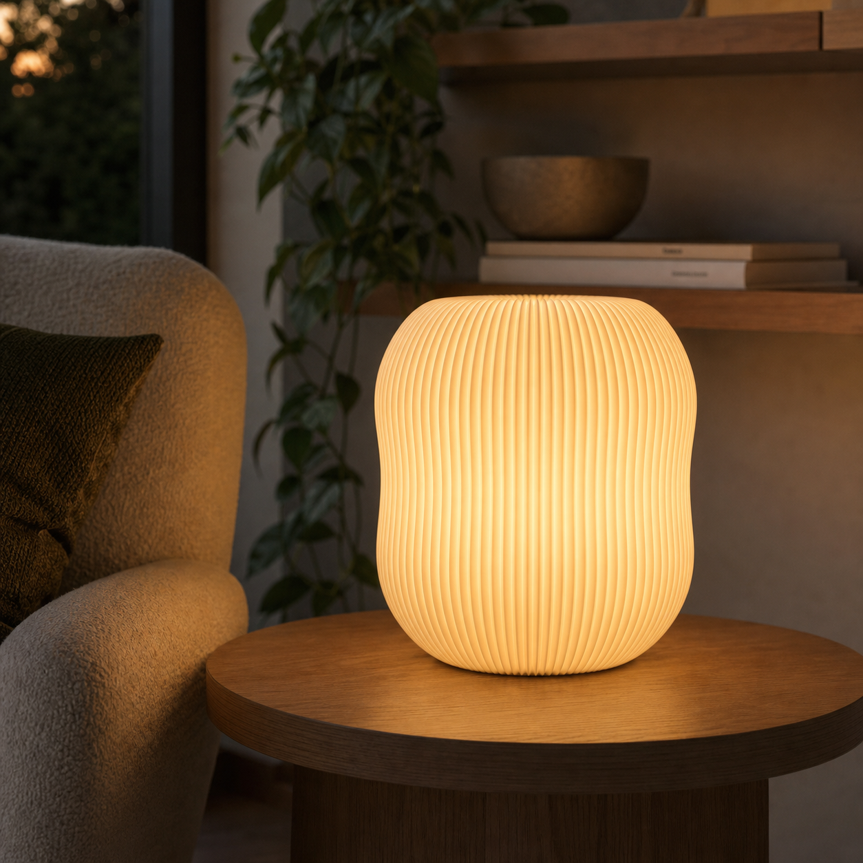 AI productfoto van de SpotOn3D Lantern Shape Type 2 LED Lamp op een ronde tafel in een leeshoek