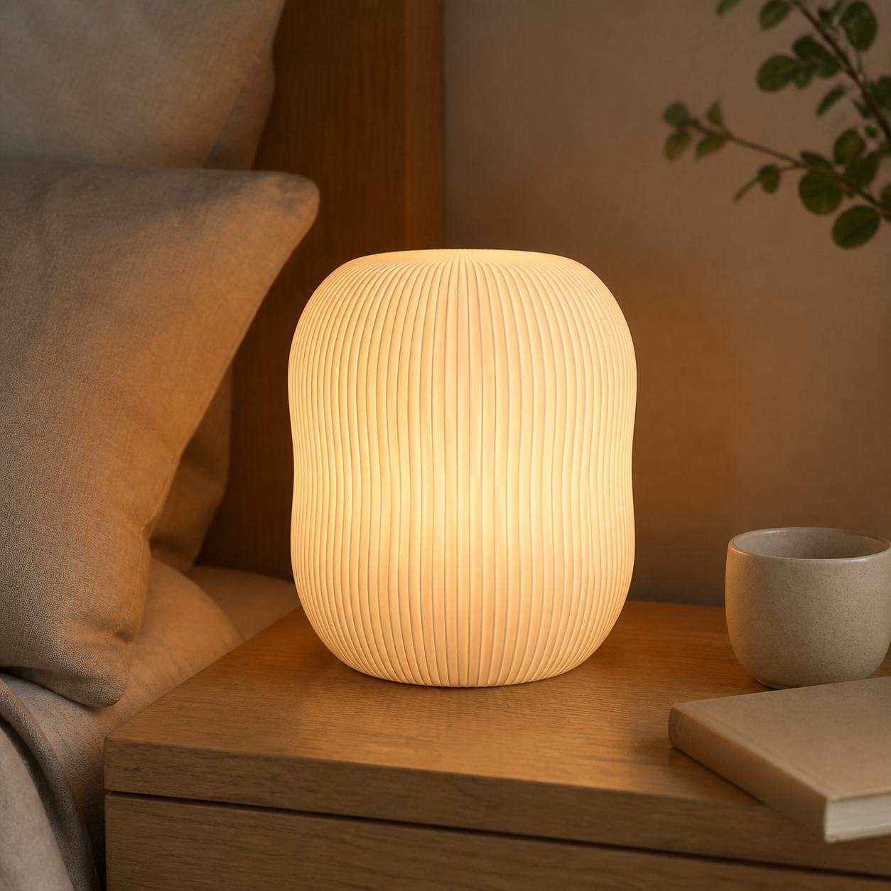 AI productfoto van de SpotOn3D Lantern Shape Type 2 LED Lamp als warme sfeerlamp op een nachtkastje
