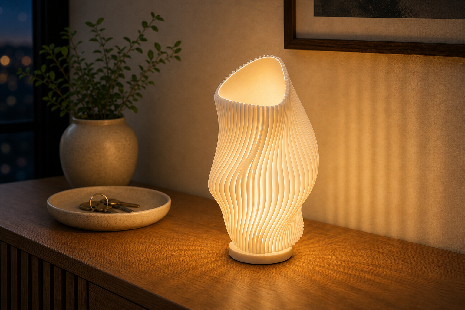 AI productfoto van de SpotOn3D Three Body Problem Lamp met warm LED-licht en ronde voet op een console in de hal