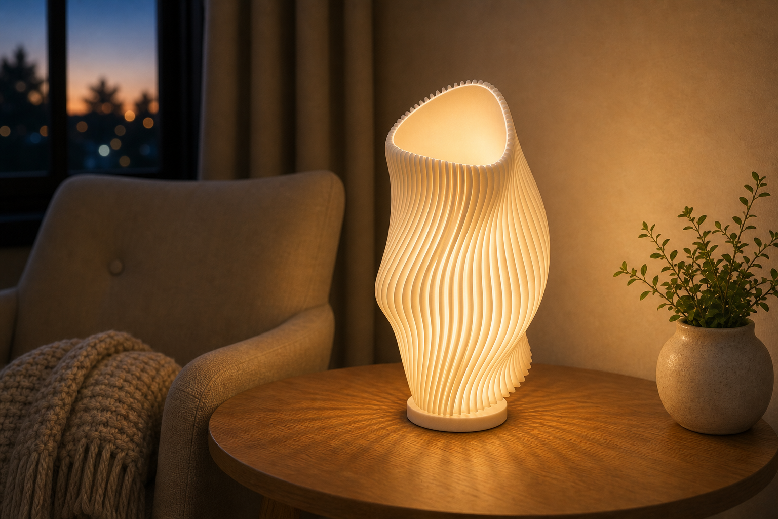 AI productfoto van de SpotOn3D Three Body Problem Lamp met organische ribben en ronde voet in een leeshoek