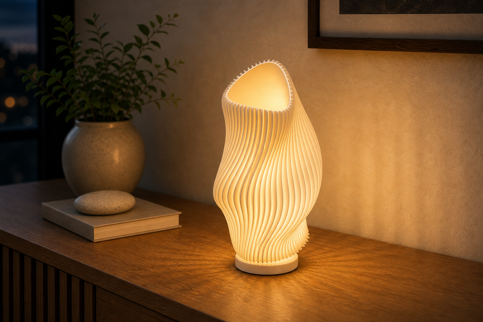 AI productfoto van de SpotOn3D Three Body Problem Lamp met organische ribstructuur en ronde LED Lamp Kit-001 type B voet op een houten dressoir