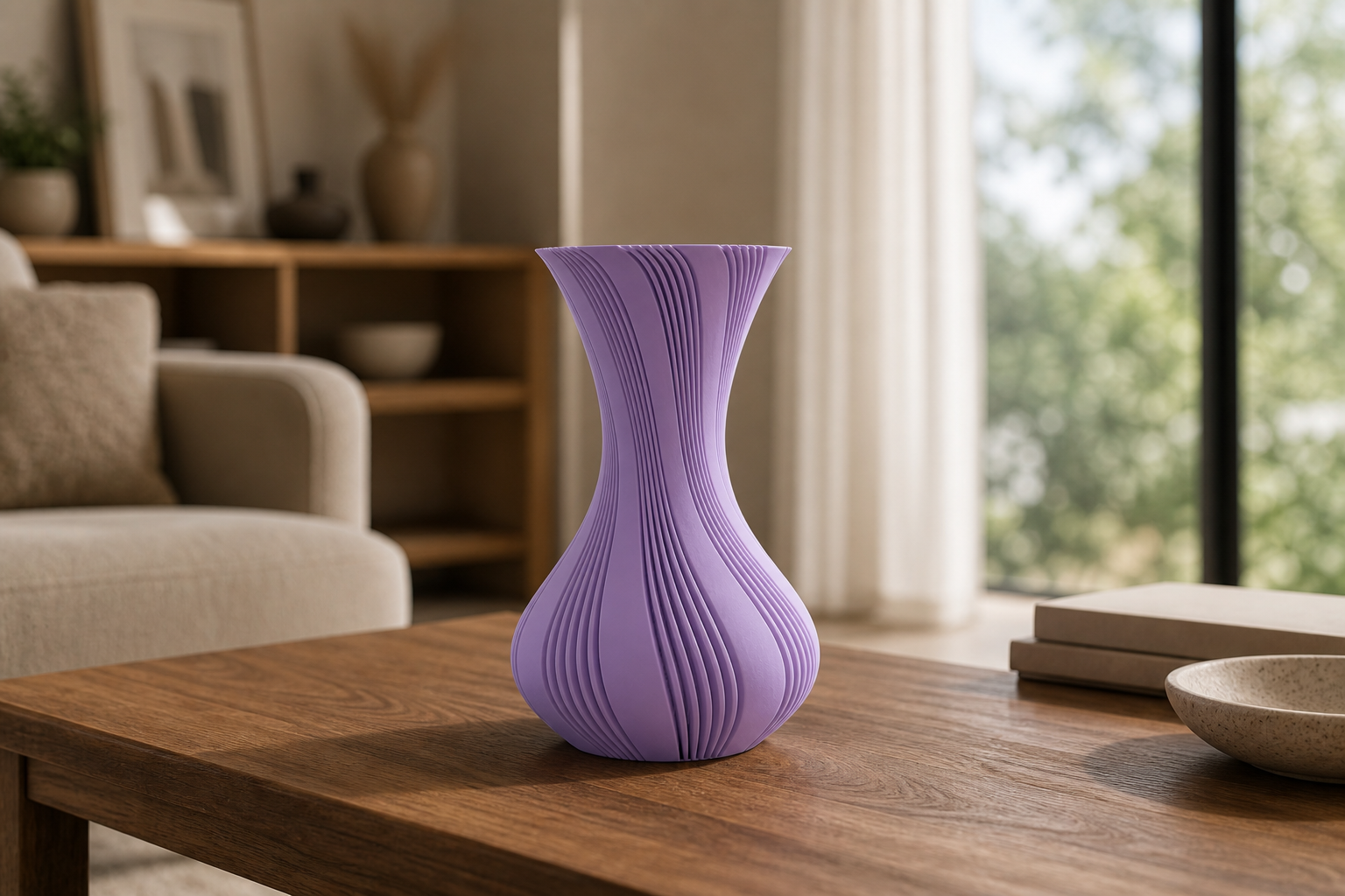 Lila geribbelde 3D-geprinte vaas op een houten salontafel in een moderne woonkamer