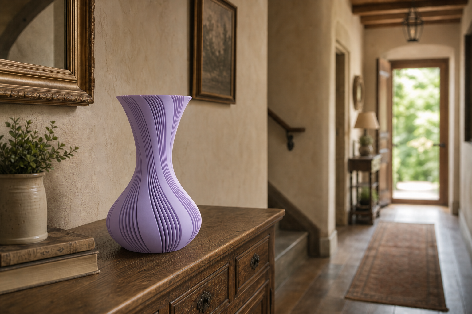 Lila geribbelde 3D-geprinte vaas op een houten dressoir in de hal van een landhuis