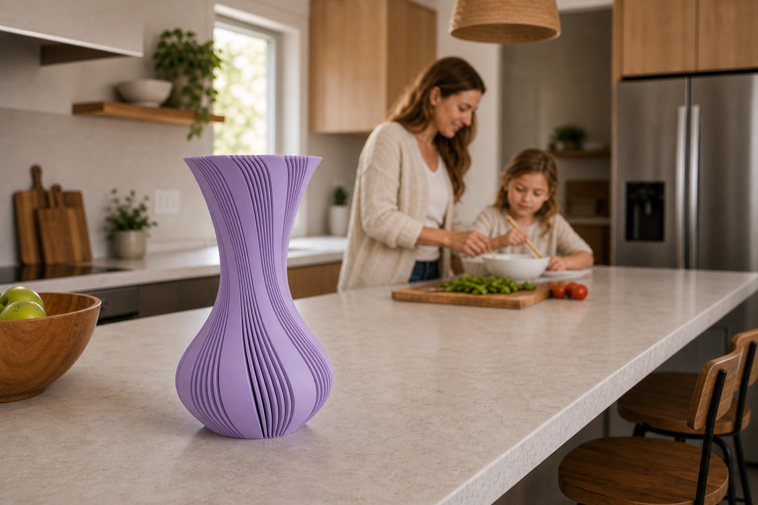 Lila geribbelde 3D-geprinte vaas in een open keuken met moeder en kind op de achtergrond