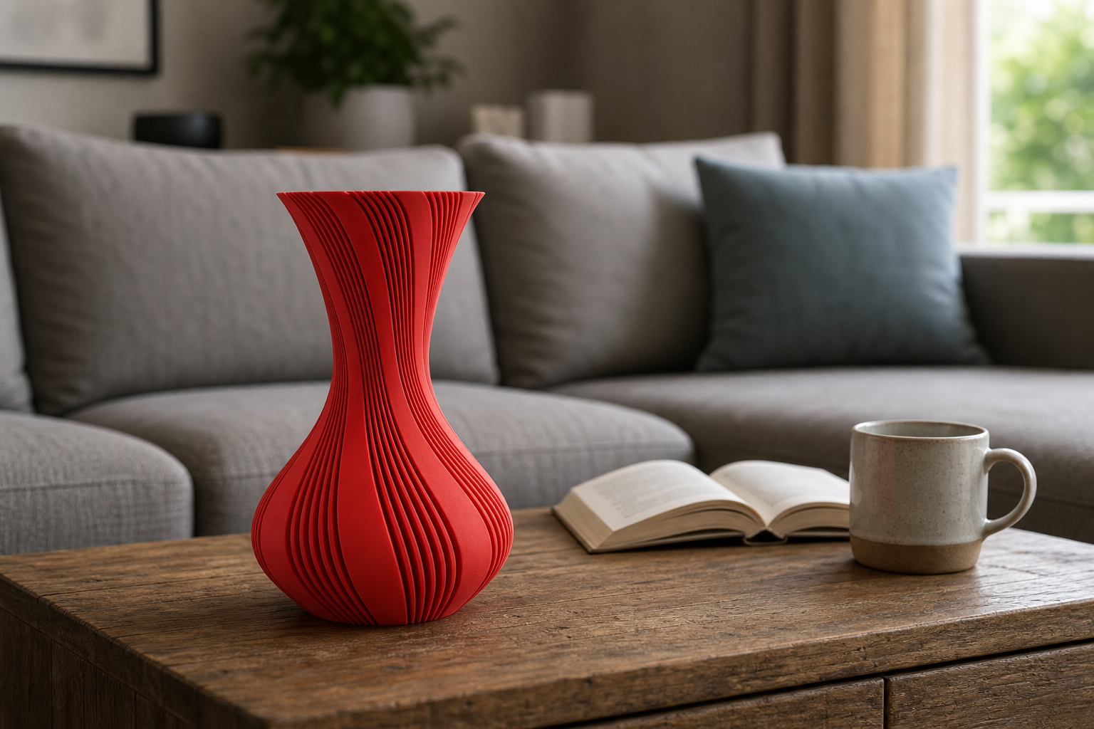AI lifestylefoto correcte vorm - geribbelde vaas PLA Matte Scharlakenrood