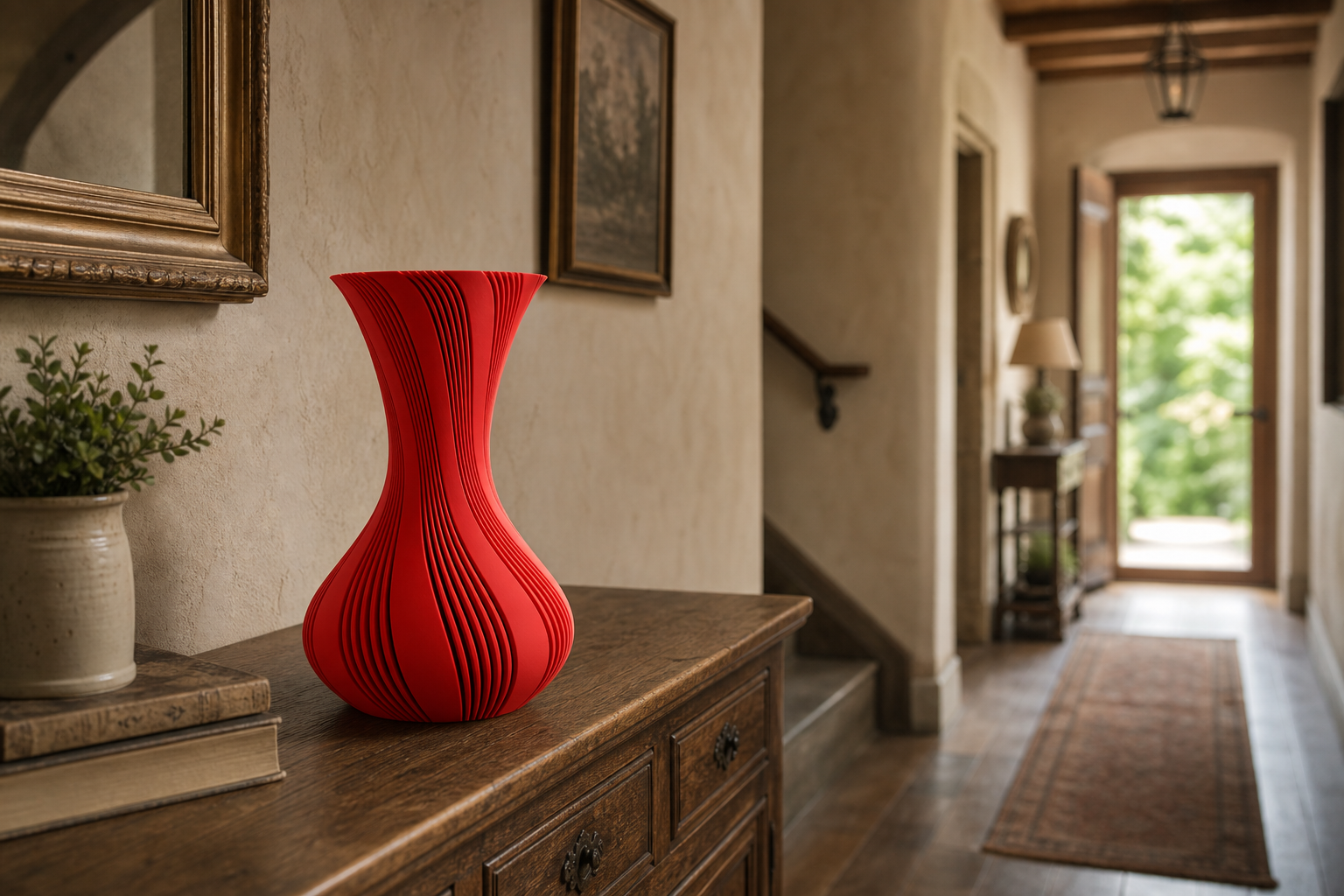 Rode geribbelde 3D-geprinte vaas op een houten dressoir in de hal van een landhuis