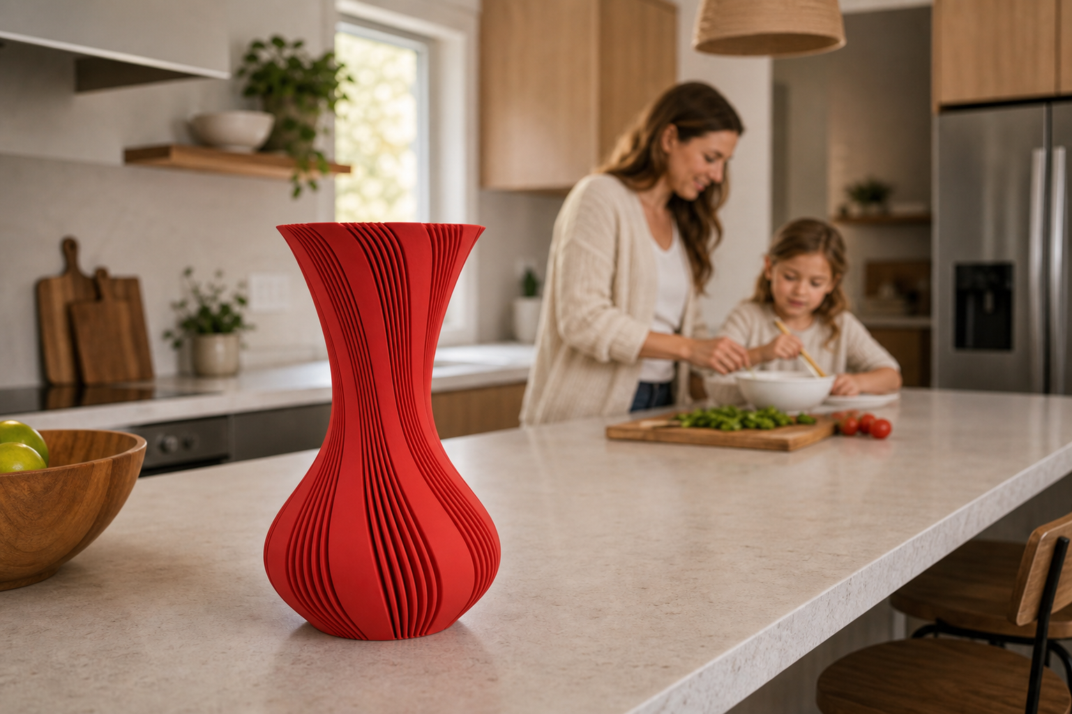 Rode geribbelde 3D-geprinte vaas in een open keuken met moeder en kind op de achtergrond