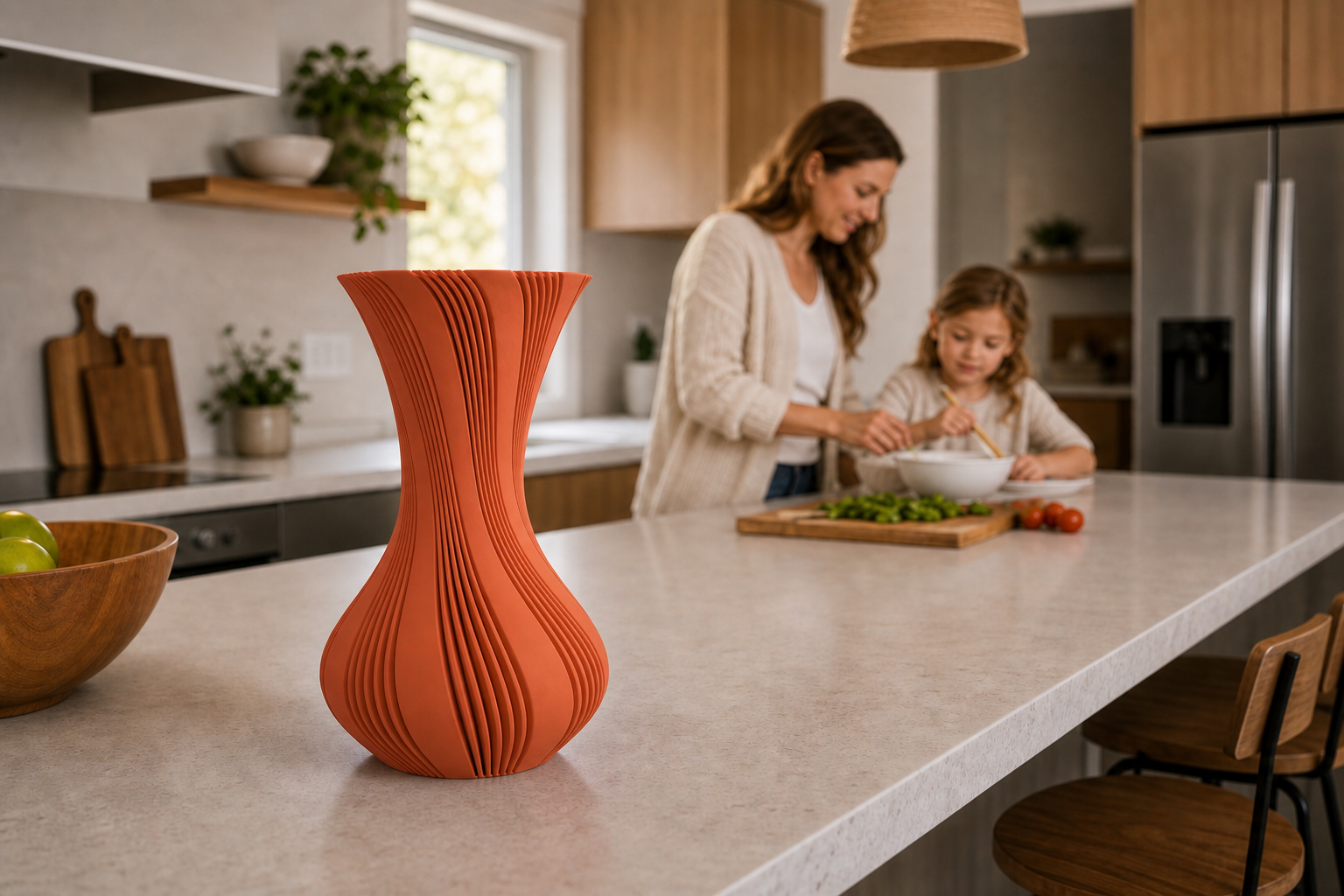 Terracotta geribbelde 3D-geprinte vaas in een open keuken met moeder en kind op de achtergrond